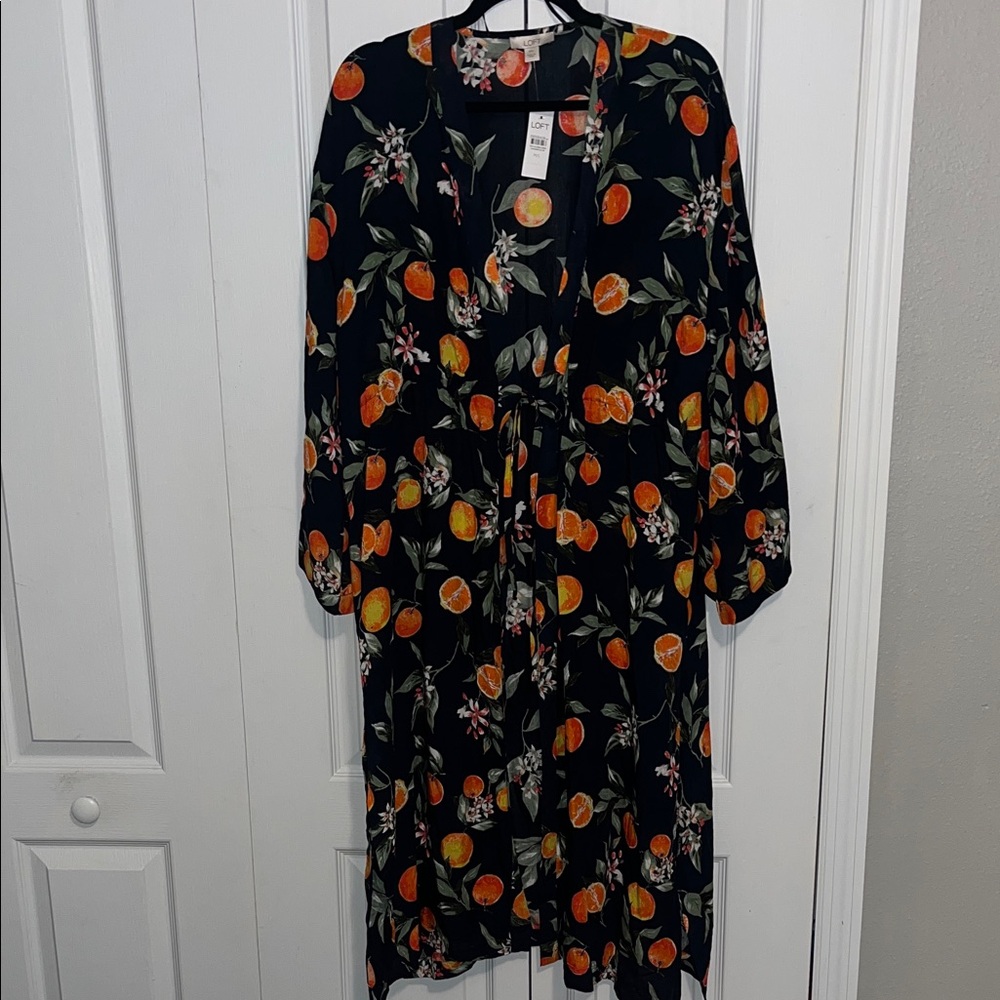 LOFT Dark Blue with Orange Fruit & Green Leaf Print Cover Up